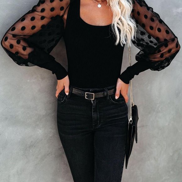 Black Long Sleeve Dot Blouse - Picture 2 of 3